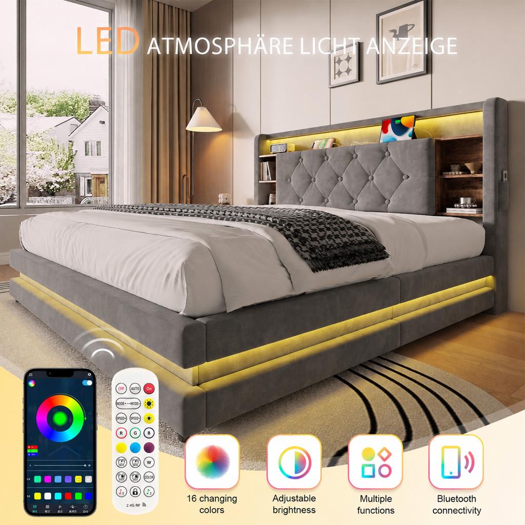140 × 200 Cm Upholstered Bed with Storage, Velvet Bed with Multifunctional Headboard, LED Lighting, 2 USB & Type-C Port, Hydraulic, Dark Gray