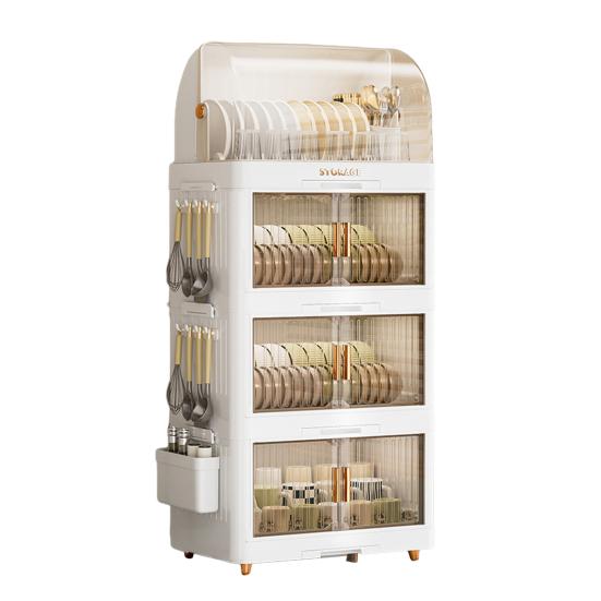 Stackable Tableware Storage Box Multi-Tier Dinnerware Organizer with Clear Lid Doors Hooks Dishes Plates Cups Storage Bins with Drainage Tray