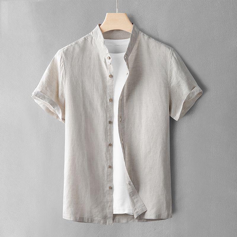 Men's Sky Blue Slim Fit Linen-Cotton Short-Sleeve Shirt