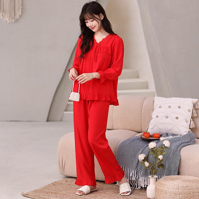 Tencel cotton pajamas women's comfortable lace loungewear nine-quarter sleeve trousers women's pullover set spring and summer new models
