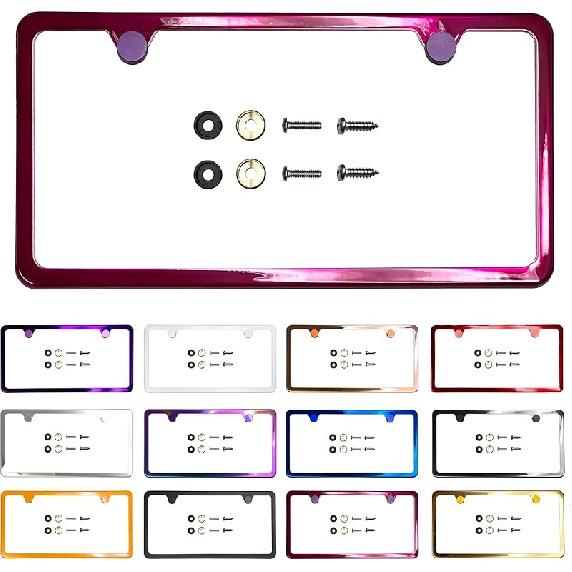 Two Holes Slim License Plate Frame Neo Chrome Aurora Electroplating Burnt Titanium Mirror Chrome Universal Fit Anti Rust Metal Screw On Cap Cover,