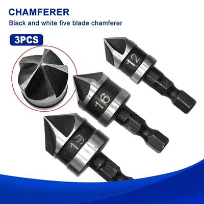 3 buc hexagonal Shank 90 grade negru cinci lame teşitoare 12/16/19 mm Countersink burghiu prelucrarea lemnului găuri deschizător instrument set