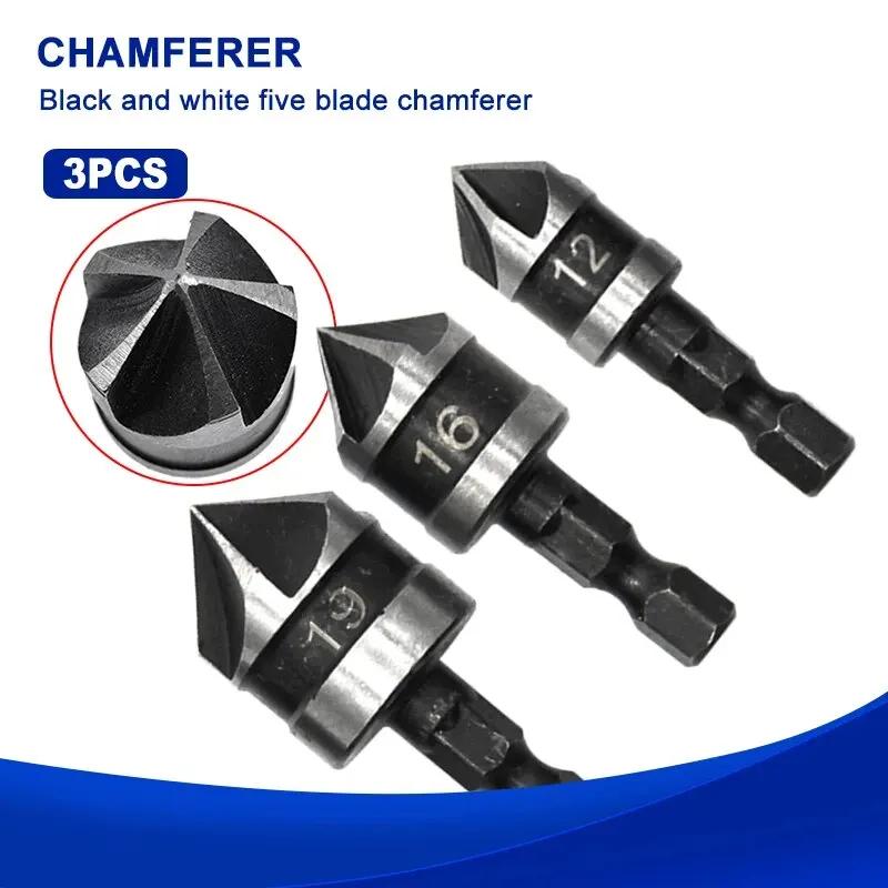 3PC Hexagonal Shank 90 Degree Black Five Blade Chamferer 12/16/19mm Countersink Drill Woodworking Hole Opener Tool Set