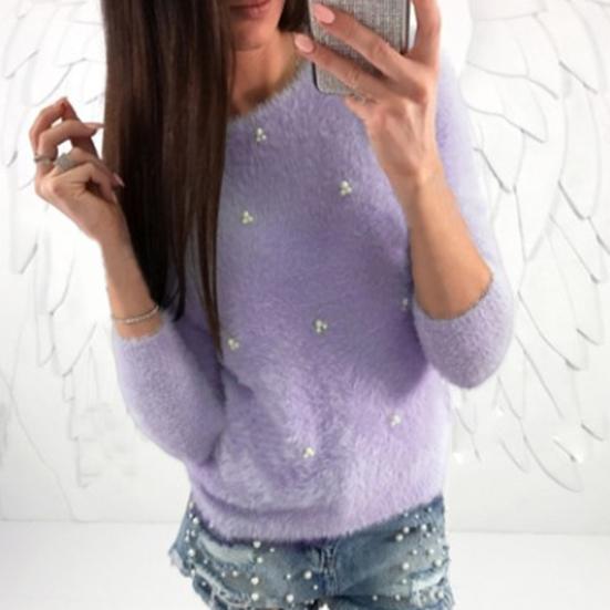 Sweater Jumper Long Sleeve Resistant Autumn Thickened Cold Winter Plush Faux Pearls Decor Sweater Jumper Streetwear