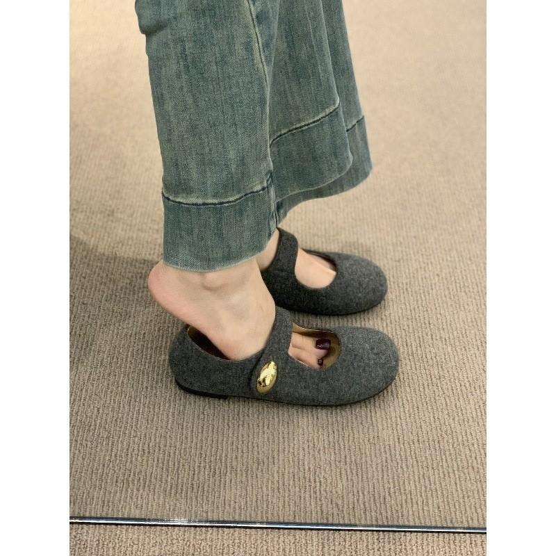 Flat-bottomed Gray Mary Jane Shoes Women's Outerwear One-word Belt Retro Single Shoes