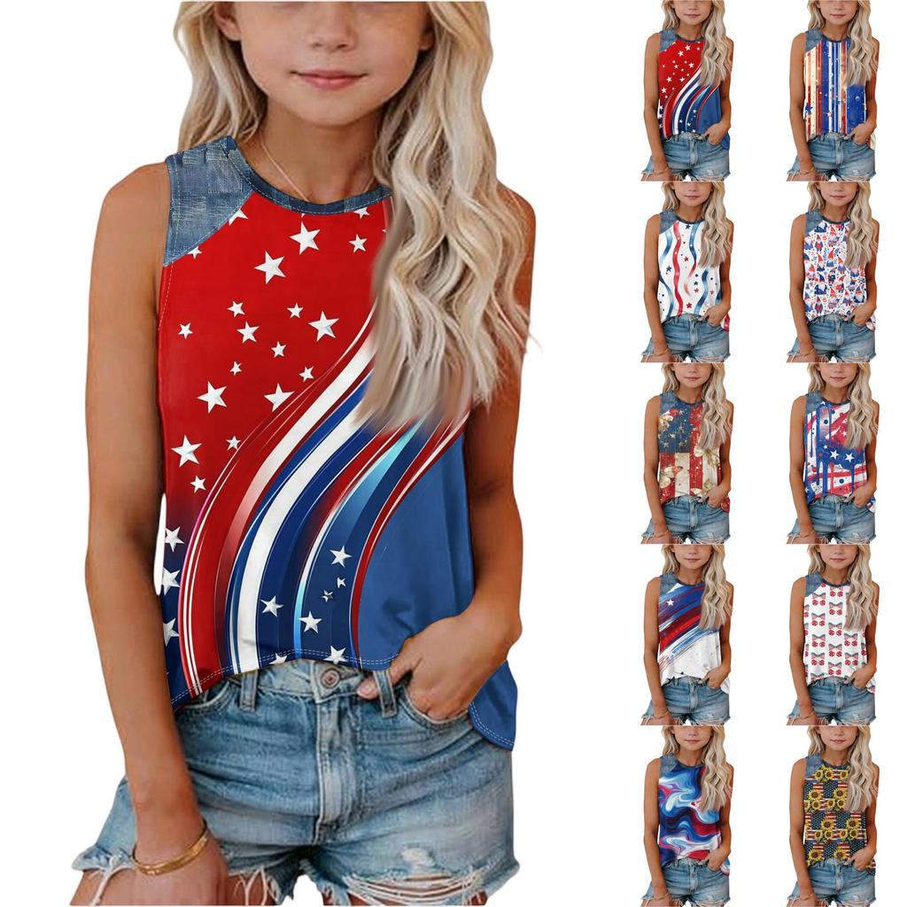 Sleeveless Loose Fit Tank Top for Women Round Neck Denim Print Star Pattern Casual Summer Shirt