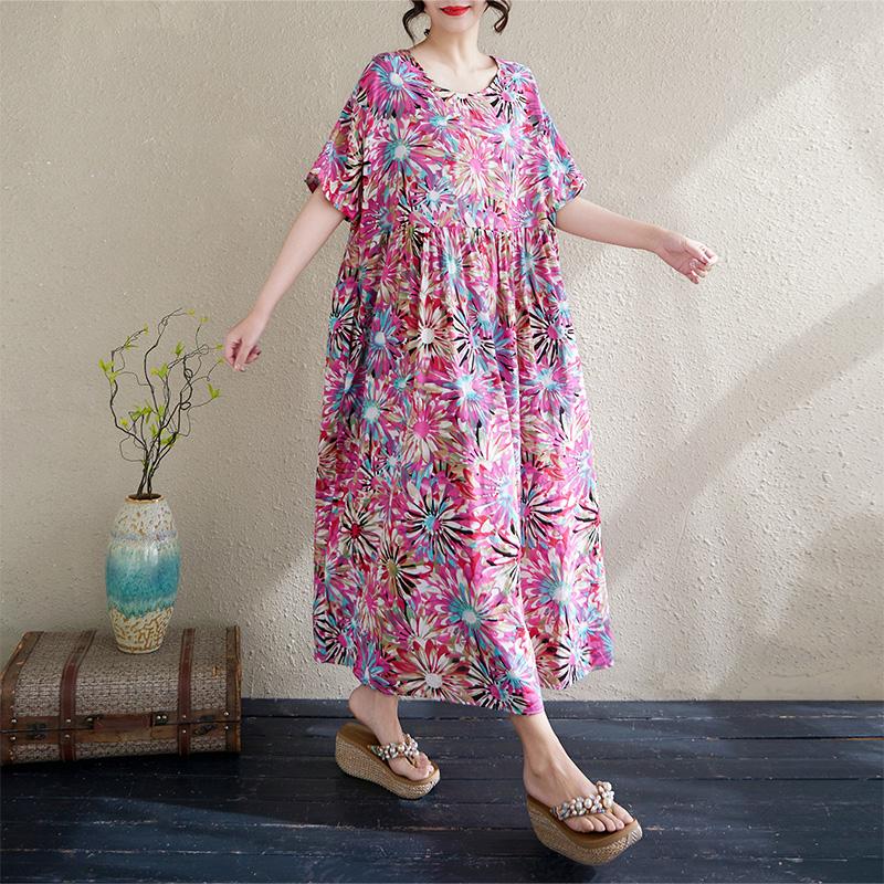 

Dimanaf 2025 Лето Женщин Плюс Размер Свободное Платье Винтаж Богемный Повседневный Длинное Платье Новое Оверсайз One Size розовый