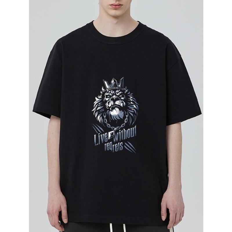

Crewneck T Shirt Black Lion With Crown And Chain Live Without Regrets Graphic Print Casual Wear For Men XXXXL чорний