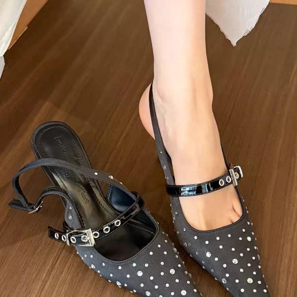Fashion 2025 Spring New Pointed Fine Heel Silk High Heel Shoes with Water Diamond Coarse Heel for Women, Shallow Mouth Single Shoes