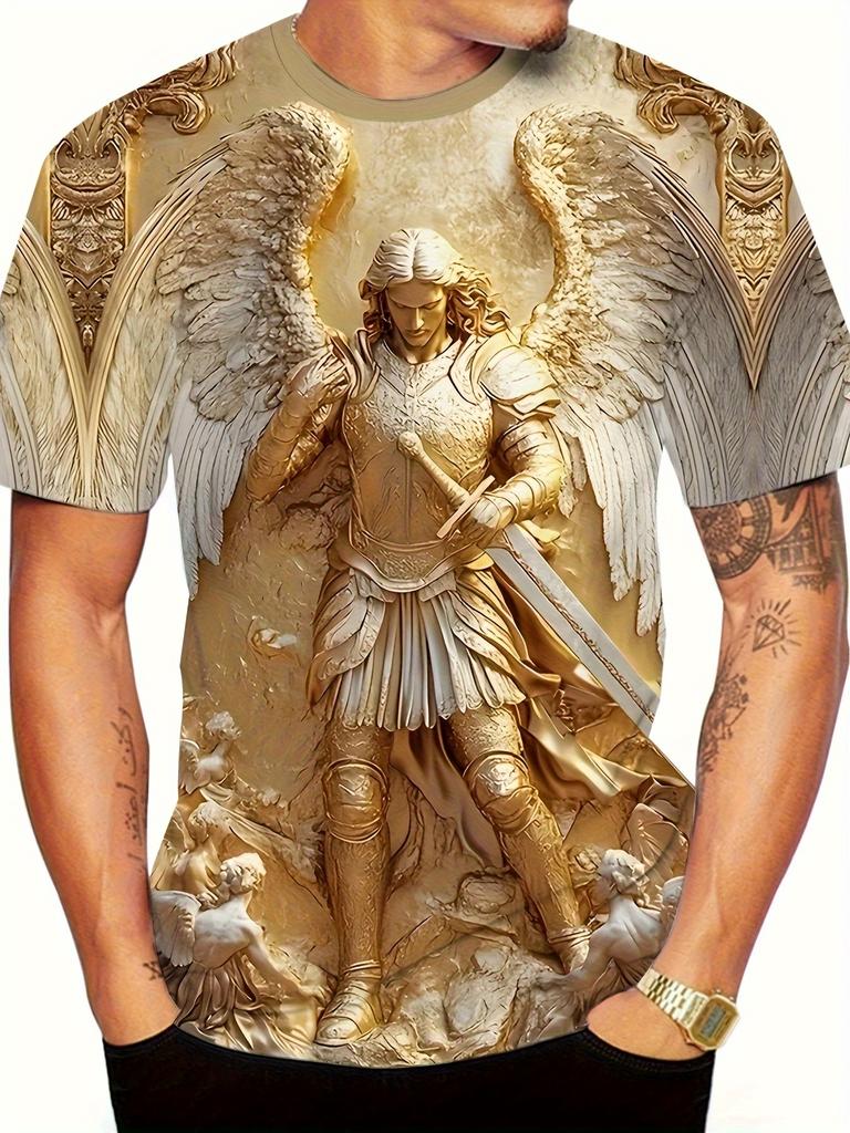 Mens 3d Angel Warrior Graphic T Shirt Golden Sword Design 3D Printed Tshirt For Men Clothes Wing Ornate Border Unisex Tee Tops