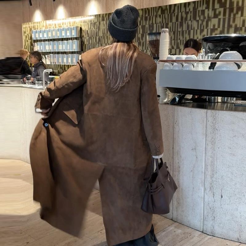 Wildleder Reversmantel Damen Winddicht und Warm Gerader Röhrenmantel Elegant Britischer Stil Pendler Oberbekleidung Herbst/Winter 2025