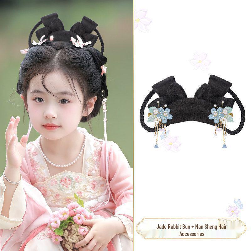Jade Rabbit Hanfu Wig: Children's Ancient Style Tang Dynasty Updo with Hair Padding and Bun Headdress