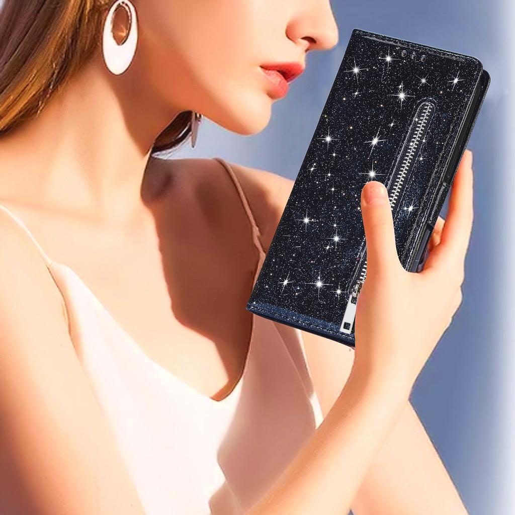 Для Xiaomi Redmi Note 13 5G Чехол-подставка Блестящий кожаный чехол для телефона с карманом на молнии