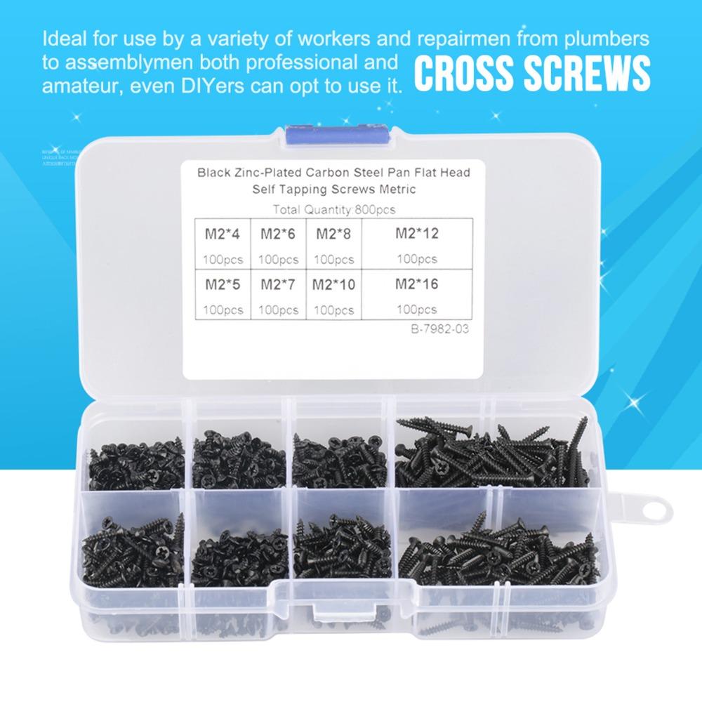 800pcs Black Carbon Steel Self Tapping Screws Cross Head Flat Head Cross Screws Countersunk 800pcs Set