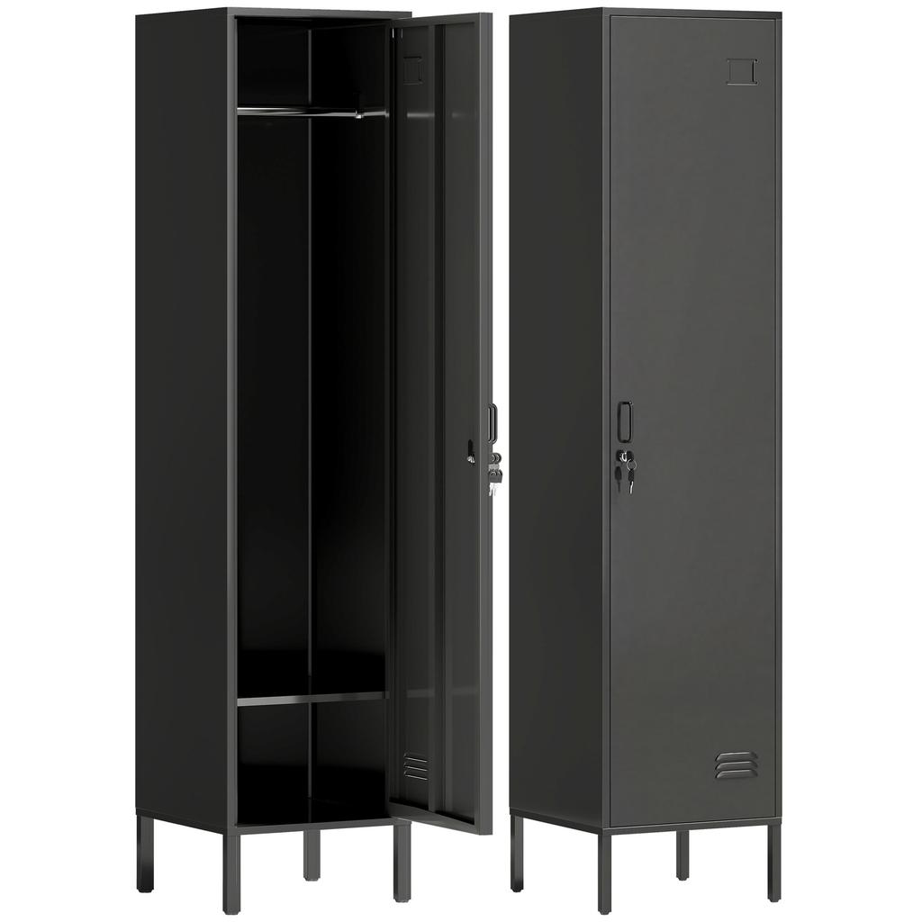 Metal Locker with Lockable Door and Clothes Rail, Single Steel Locker for Home or Office, Black