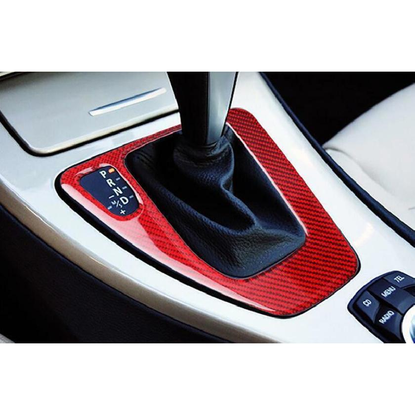 For 2005-2011 2012 BMW 3-Series Red Carbon Fiber Console Gear Shift Cover Trim
