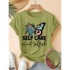 Elegant Women's Short-Sleeve Floral Butterfly Gift SELF CARE Letter Print Pattern Retro Round Neck T Fresh and Natural Style Loose-fitting Shirt
