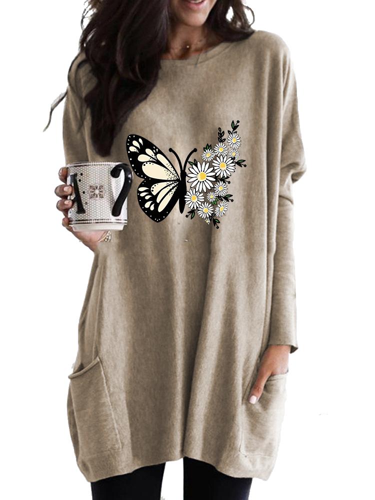 Women's Long Tunic with Pockets Loose Fit Fashion Printed Logn Sleeve Top Women's Sweatshirt