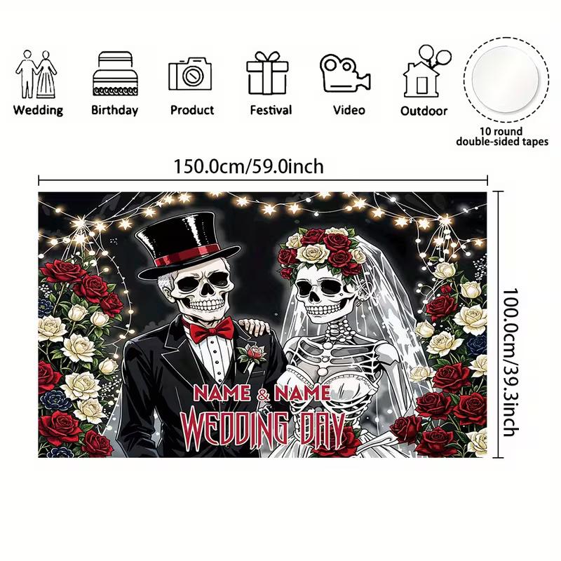 

2D Personalized Gothic Wedding Backdrop Skeleton Couple with Name & Date 47.2x31.5inch/120*80cm