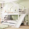 Letto a Castello per Bambini 90 x 200 cm, a Forma di Casa con Finestre Curve, con Scala a Cassetti e Scivolo, Cassetti, Letto Matrimoniale, Bianco