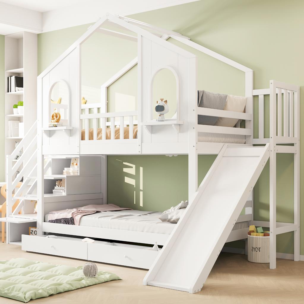 Letto a Castello per Bambini 90 x 200 cm, a Forma di Casa con Finestre Curve, con Scala a Cassetti e Scivolo, Cassetti, Letto Matrimoniale, Bianco