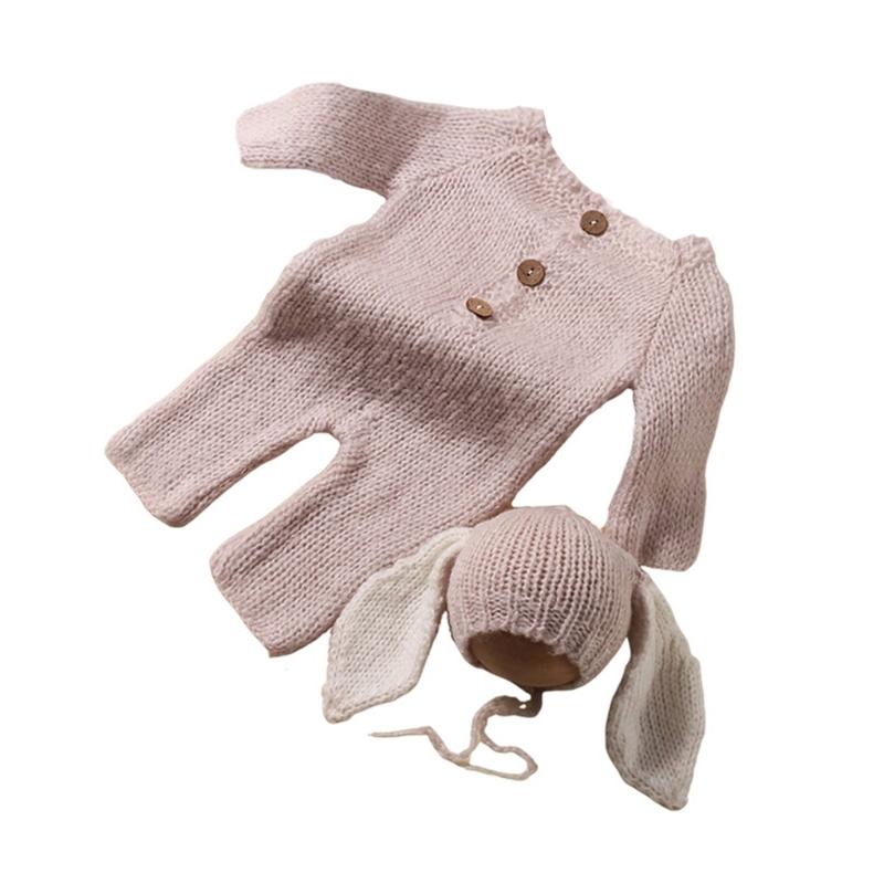 

2Pcs/Set Newborn Photo Shoot Props Cosy Knit Romper Solid Jumpsuit and Cute Large Ear Hat Babies Photoshoot Clothing 1