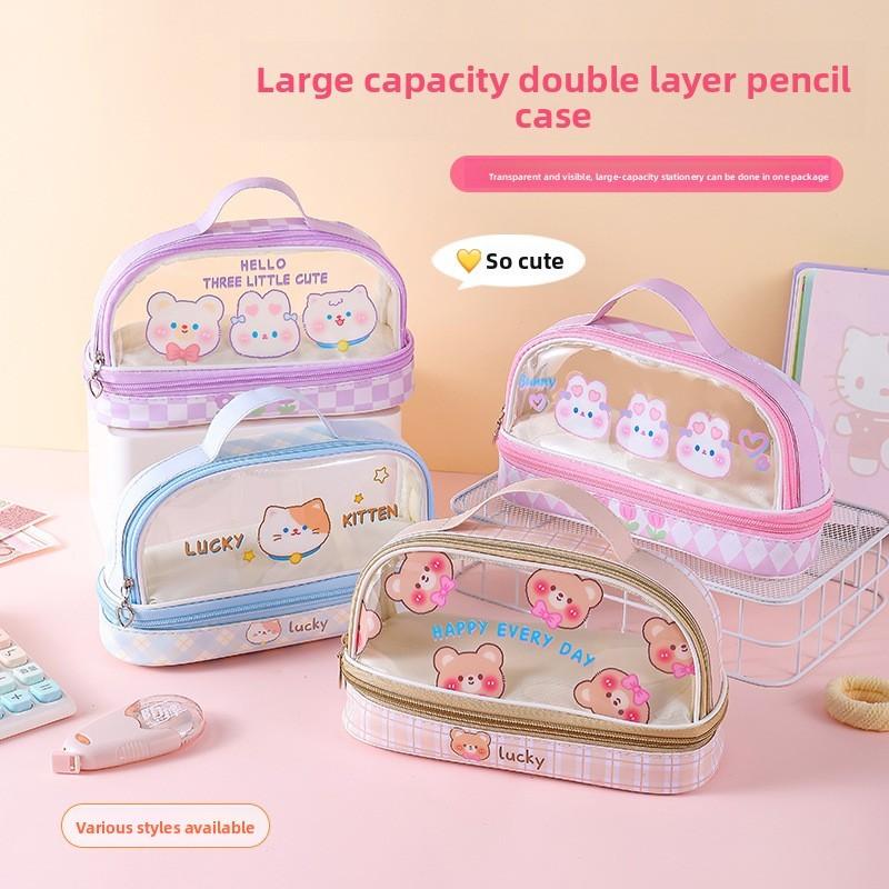 Cartoon Bunny Double Layer Transparent Pen Case With Storage For Students And Gift Use