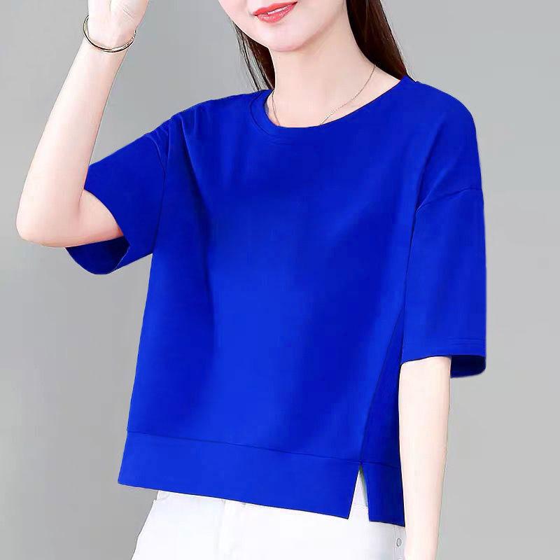 

Летний тонкий свободный однотонный чистый хлопок с короткими рукавами для женщин M синий