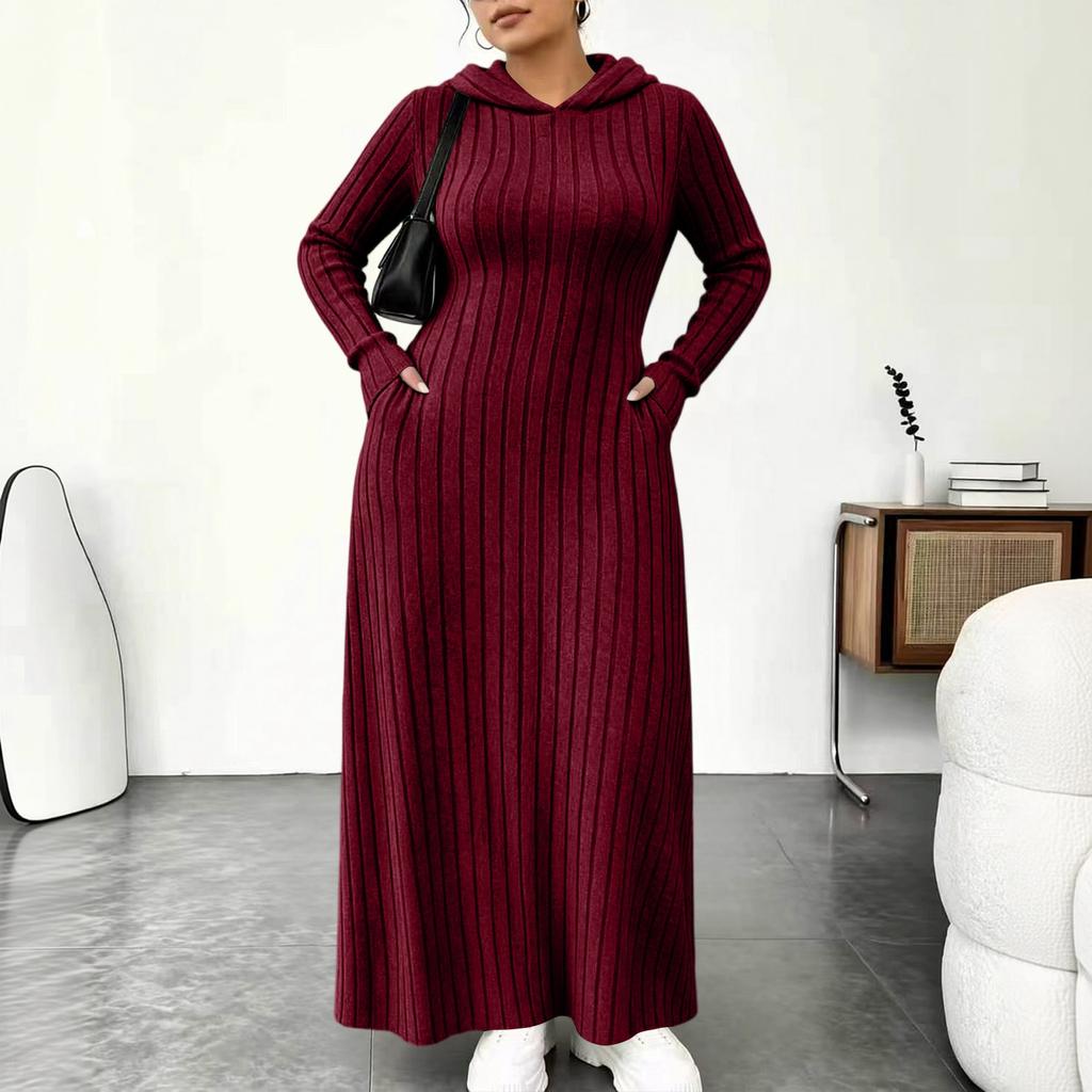 Women's Fashion Color Hooded Ribbed Dress with Slim Fit Cinched Waist and Pockets