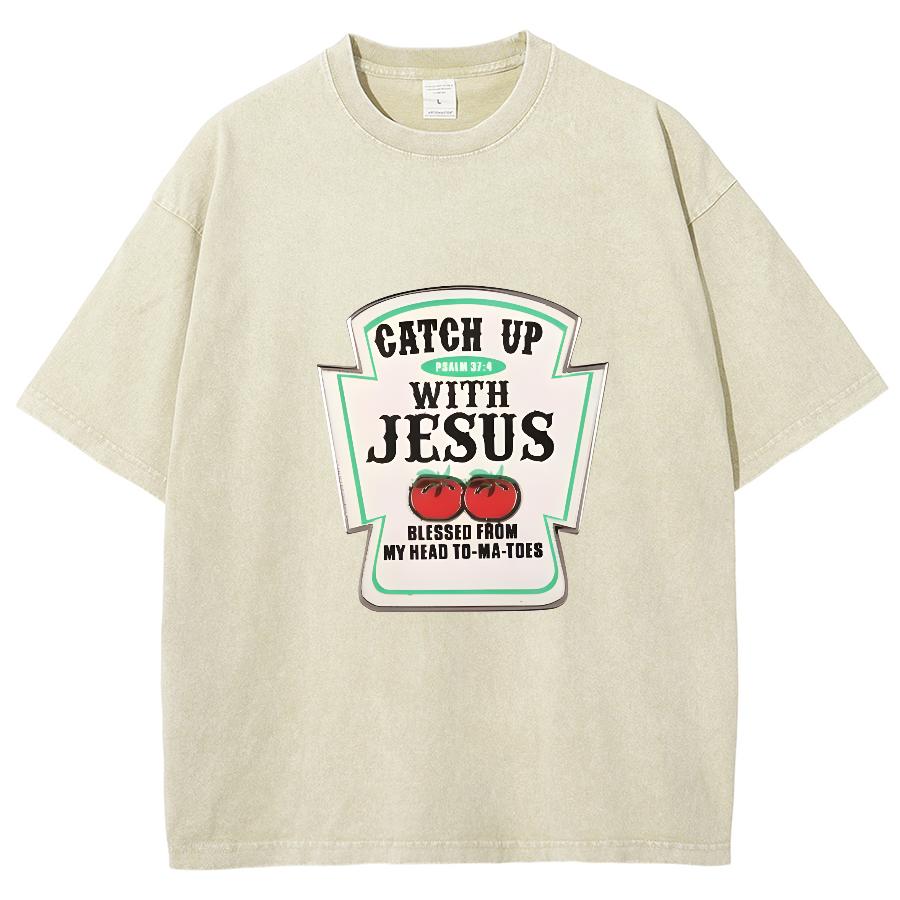 Jesus Letter Print Women's Wash T-Shirt Oversized Loose Unisex Half Sleeve American Retro Minimalist Top