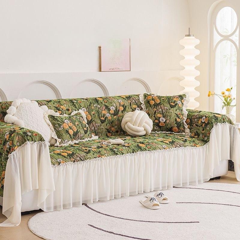 Pastoral Style Cotton And Linen Sofa Blanket Small Flowers Sofa Cover With Skirts Anti-Slip Sofas Towel Beds Blankets Funda Sofa