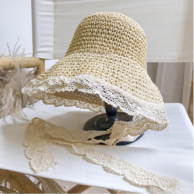 Straw hat women's summer lace-up small edge beach hat small fresh seaside vacation sunscreen sunshade small brim hat