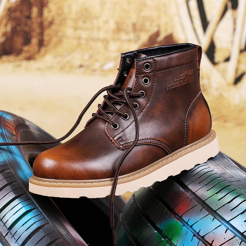 Men Tooling Fashion Casual Leather Shoes High Top Winter Warm Snow Boots Lace-Up Outdoor Motorcycle Ankle Boots Military Style