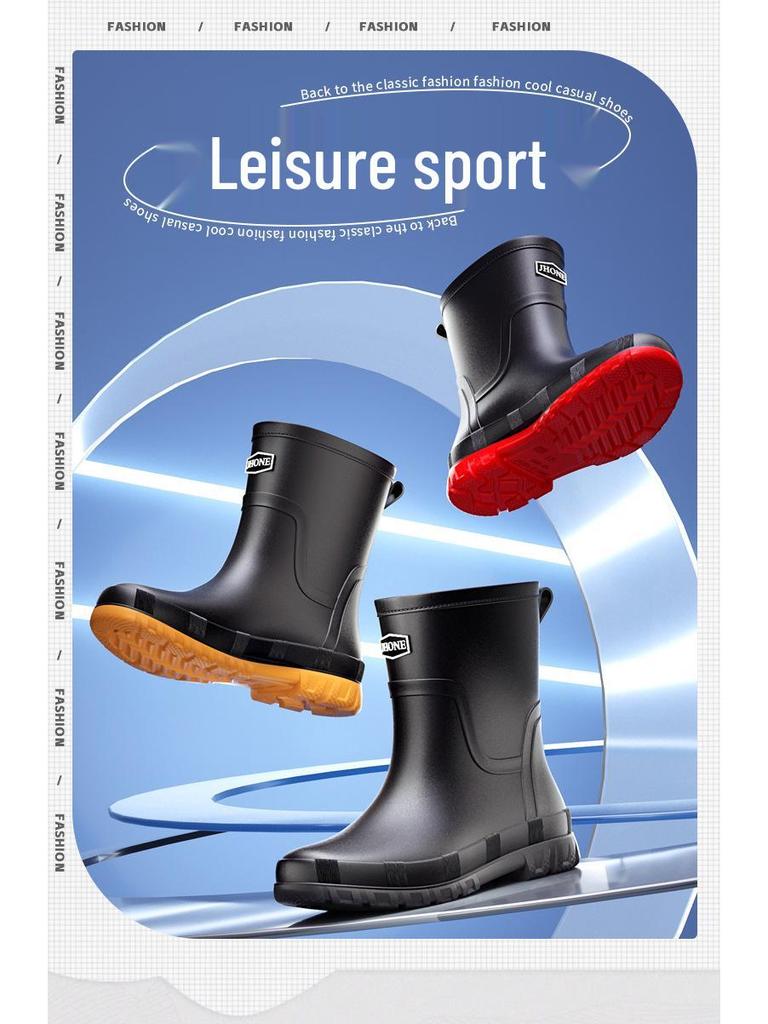 Men's British Style Waterproof Mid-Calf Rubber Rain Boots with Elastic Cuff - Non-Slip Winter Outdoor Fashion