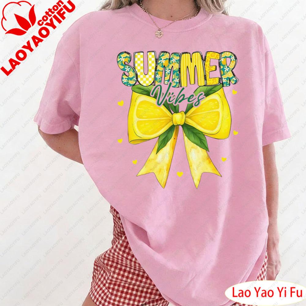 

Preppy Summer Vibes Lemon Bow Girly Summer Women TShirt Summer Yellow Lemon Bowknot Pattern Print Clothes Graphic Tees S