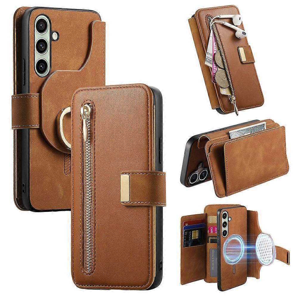 Funda de Cuero Magnética Compatible para Samsung Galaxy S25 FE con Cartera de Cremallera RFID Desmontable
