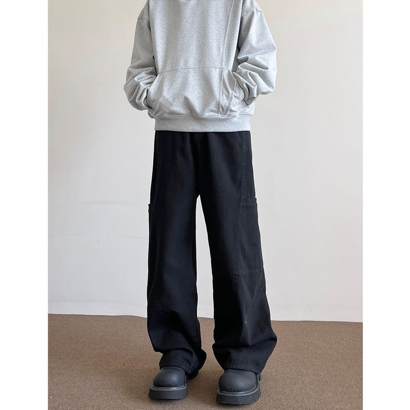 Men's Winter Trendy Workwear Jeans with Large Pockets, Loose Fit, Floor-Length, Vintage Solid Color Wide-Leg Pants