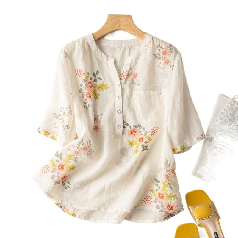 Summer Cotton Linen Blouses Art Retro Print Slimming Short Sleeved Shirt Top for Women
