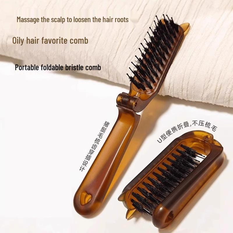 

Long-Handled Folding Boar Bristle Curling Comb for Women s Hairstyling