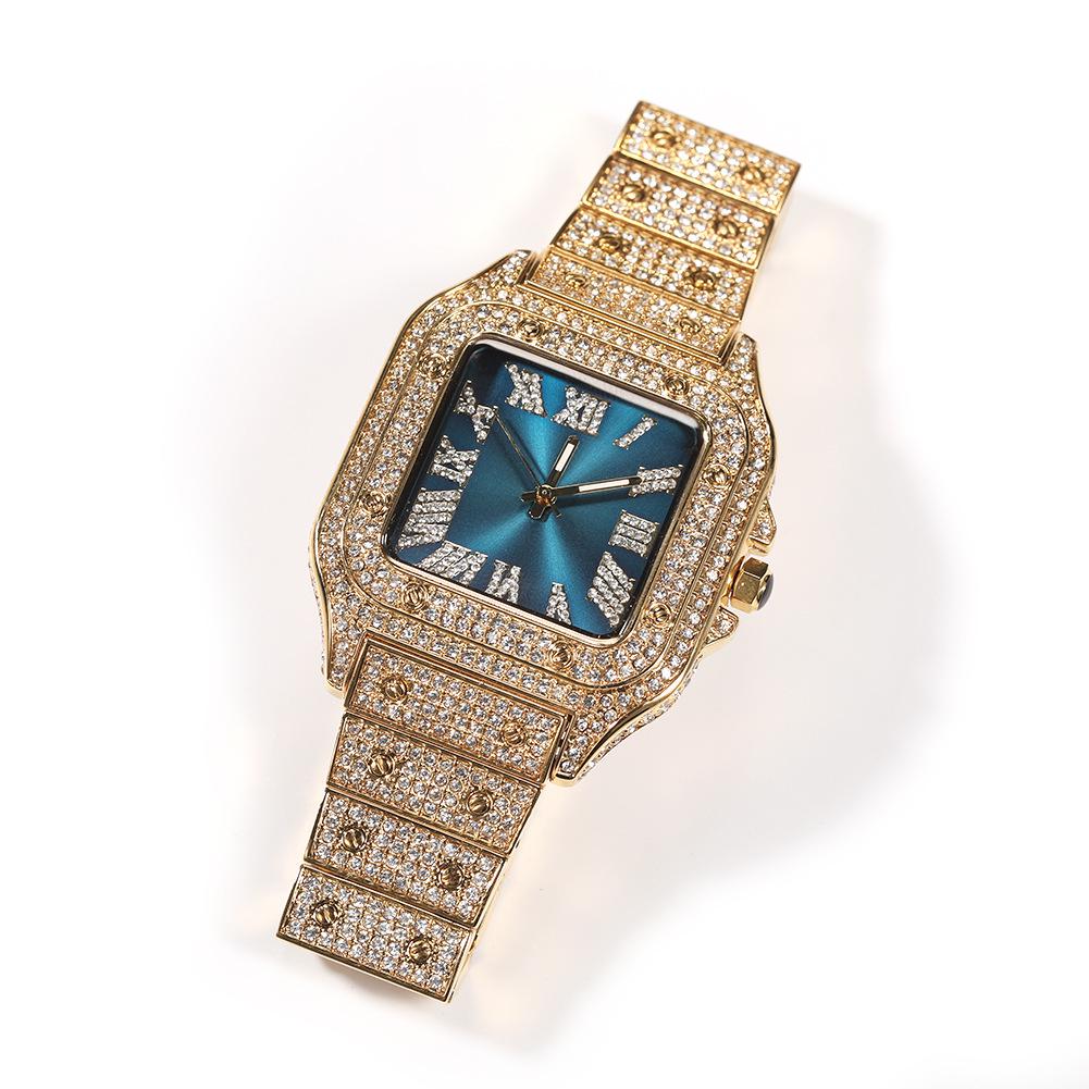 European & American Hip Hop Roman Numeral Quartz Diamond Square Dial Men s Watch