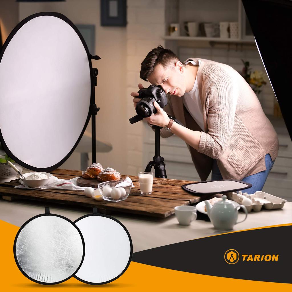TARION Photography Circular Reflector 80cm Diameter Foldable Silver and White