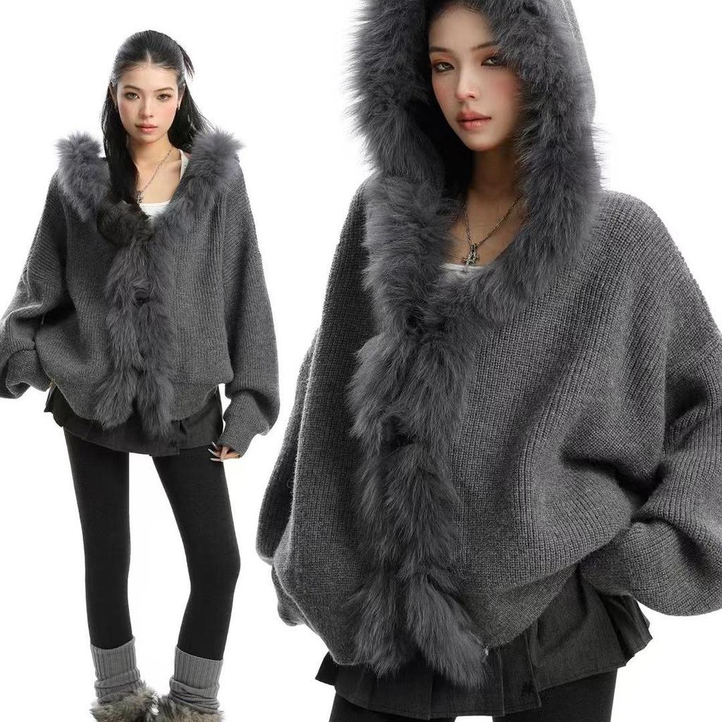 Women's Grey Knit Cardigan with Fur Collar & Hood - Cozy Autumn/Winter One Size