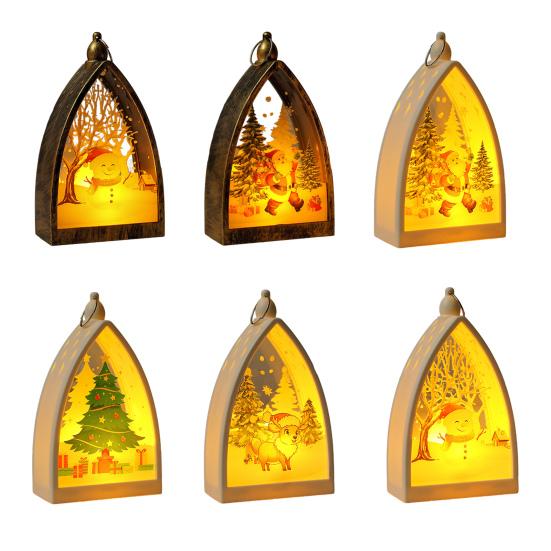 Vintage Christmas Ornament House Shape Santa Claus Deer Snowman Statue Night Light Glowing Decoration