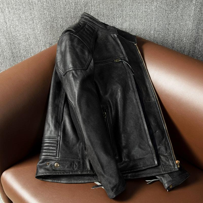 Genuine Leather Motorcycle Jacket Men Vintage Biker Coat Real Cowhide Outerwear