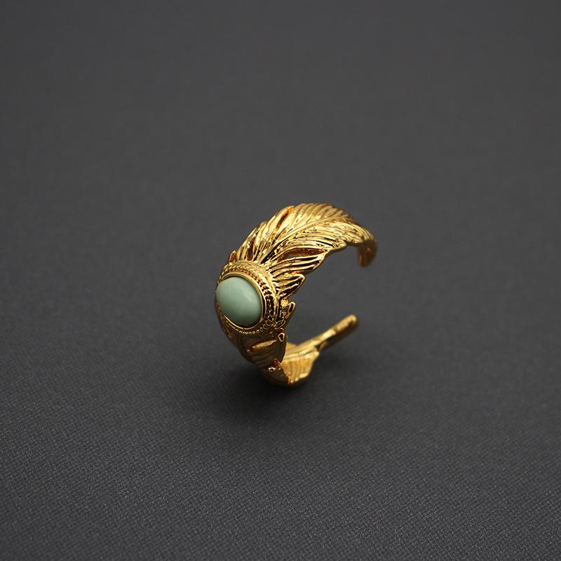 Turquoise Feather Jewelry Set: 18K Gold-Plated Adjustable Ring & C-Shaped Earrings. Elegant Niche EU/US Design.