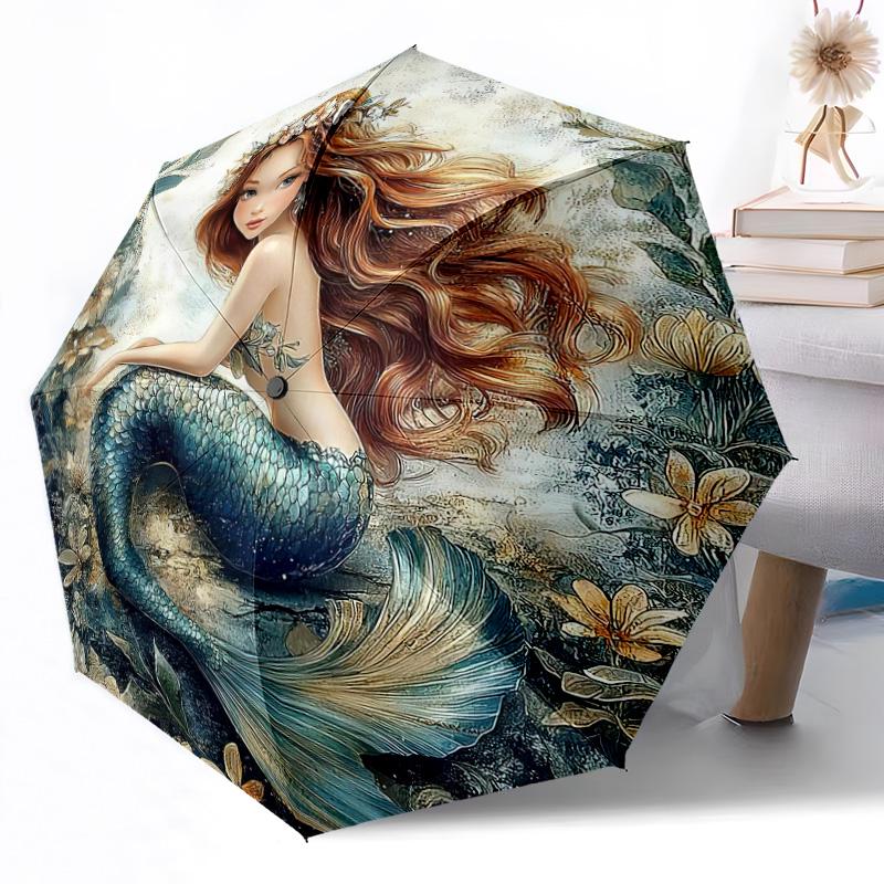 Mermaid Underwater Adventure Outdoor Automatic Umbrella Sturdy 8-Rib Shaft weight Travel Essential Compact Folding Umbrella