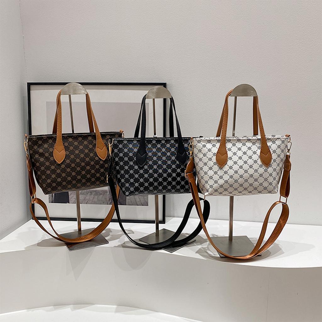 Women's Vintage Geometric Print Shoulder Bag Lightweight PU Handbag with Detachable Strap & Zipper for Daily Use Crossbody Bag