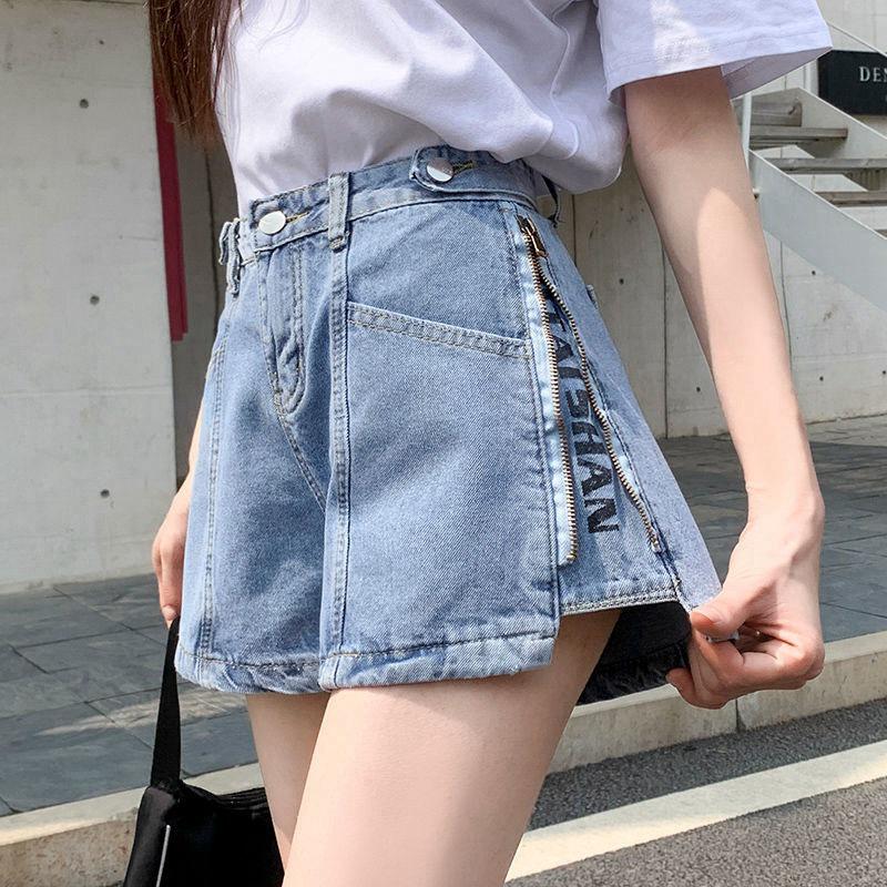Summer 2021 High-Waist Korean Style Women's Denim Shorts with Side Zipper and Letter Design - Slim, Wide-Leg Hot Pants Trend.