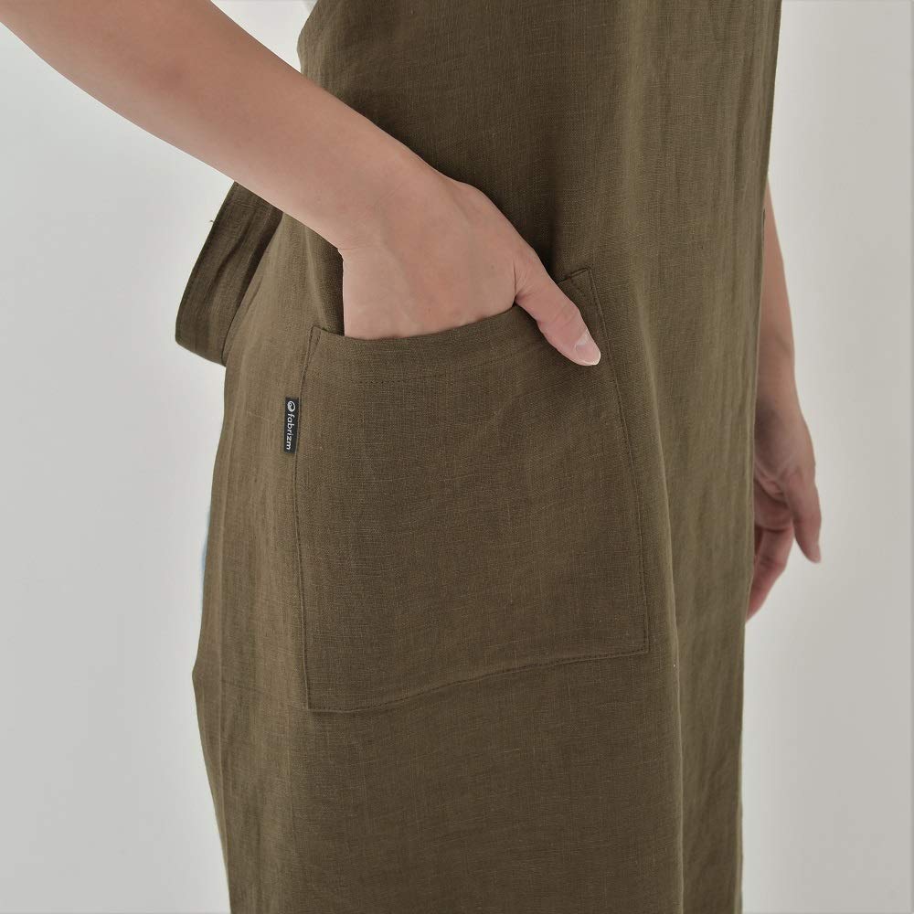 Fabrizm Japanese Kitchen Knee Back Soft Khaki Brown Apron, Length, Cross, Linen,