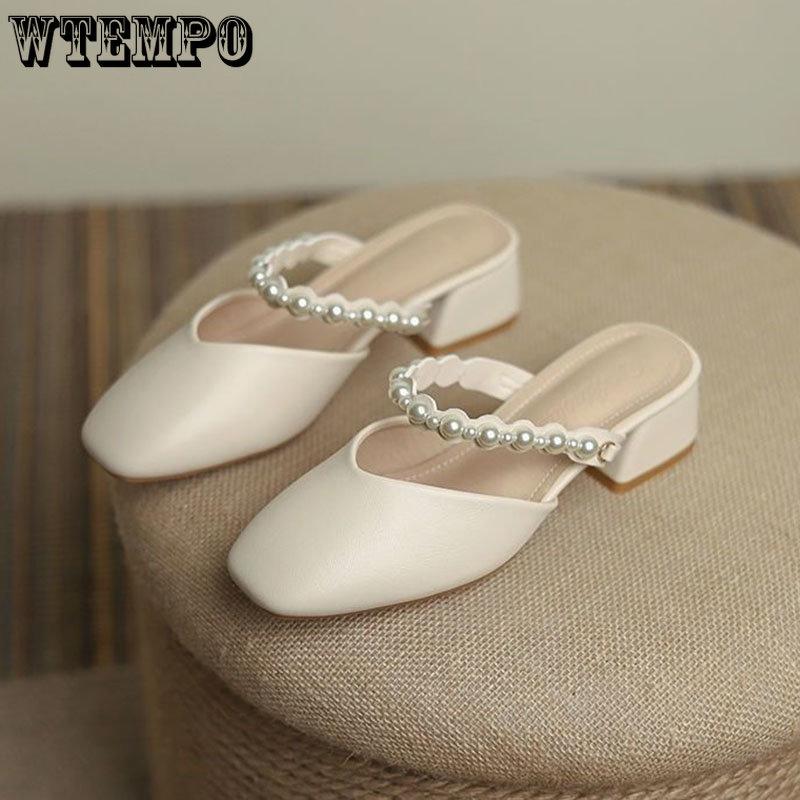 WTEMPO Summer Wrapped Toe Sandals Women's Square Toe Middle Thick Heel Pearl Soft Leather Soft Sole Slippers Fairy Style Comfortable Wear-resistant
